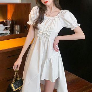 Short-sleeve Square-neck Asymmetrical Midi A-line Dress