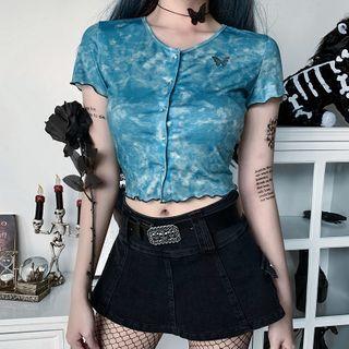 Short-sleeve Tie-dye Print Button-up Crop Top