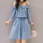 3/4-sleeve Off Shoulder Denim A-line Dress