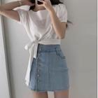 Puff Sleeve Plain Cropped Top / Button-up Denim Mini Fitted Skirt