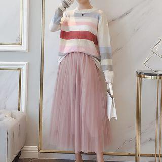 Set: Color Block Long-sleeve Knit Top + Midi Mesh Skirt Pink - One Size