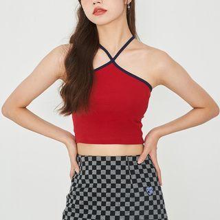 Sleeveless Cropped Plain Open-back Halter Tank Top