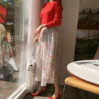 Pleated Chiffon Long Floral Skirt Ivory - One Size