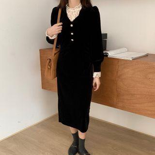 Long-sleeve V-neck Velvet Midi A-line Dress / Long-sleeve Lace Top