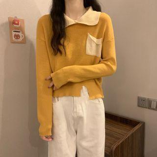 Polo-neck Two-tone Split Knit Top