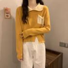 Polo-neck Two-tone Split Knit Top