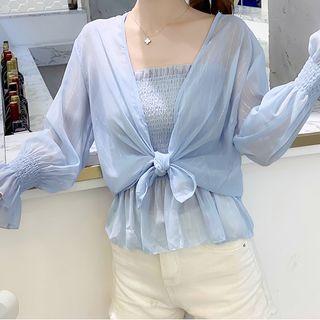 Set: Bell-sleeve Open-front Jacket + Peplum Camisole Top