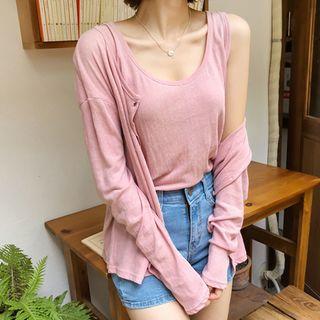 Set: Pleated-back Cardigan + U-neck Sleeveless Top