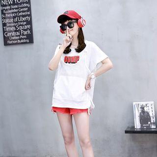 Mock Two Piece Mesh Panel Lettering Short Sleeve T-shirt