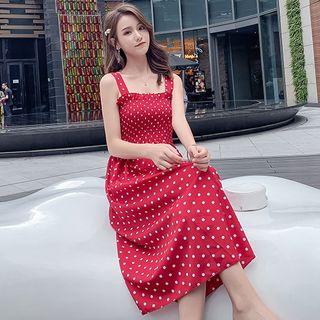 Wide Strap Dotted Smocked Midi A-line Dress