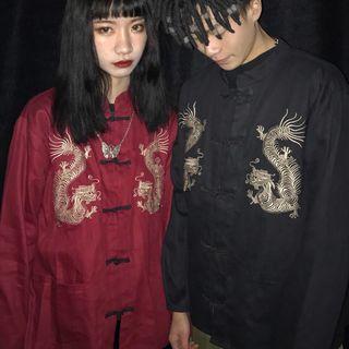 Couple Matching Dragon Embroidered Frog-buttoned Shirt