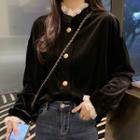Long-sleeve Lace Trim Buttoned Velvet Top Black - One Size