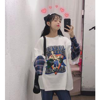 Mock Two-piece Long-sleeve Plaid Paneled Printed T-shirt