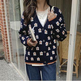 Long-sleeve V-neck Flower Print Cardigan Navy Blue - One Size