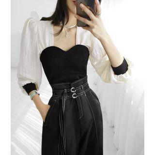 Balloon-sleeve Knit-panel Top