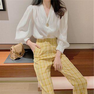 Set: Puff-sleeve Blouse + Plaid Wide Leg Pants