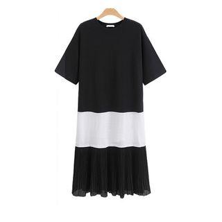 Color Panel Elbow Sleeve Midi Dress