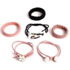 Faux Pearl Hair Tie Set A04-07-19 - Pink & Black - One Size