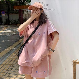 Short-sleeve Zip Jacket / Print Sweatshorts Set - Pink - One Size