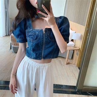 Puff-sleeve Cropped Denim Top