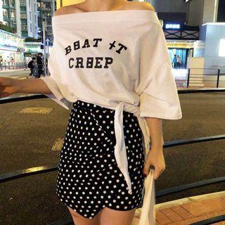 Elbow-sleeve Lettering Off Shoulder Top