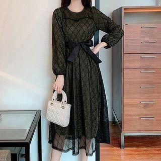 Puff-sleeve Argyle Print Midi A-line Dress