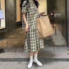 Short-sleeve Double Breasted Plaid Shirt / Midi Skirt