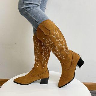 Low-heel Embroidered Mid-calf Boots