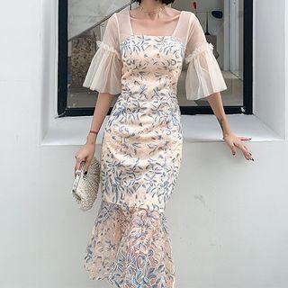 Mesh Panel Bell Sleeve Embroidered Mermaid Cocktail Dress