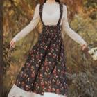 Set: Long-sleeve Lace Top + Floral Print Midi A-line Skirt
