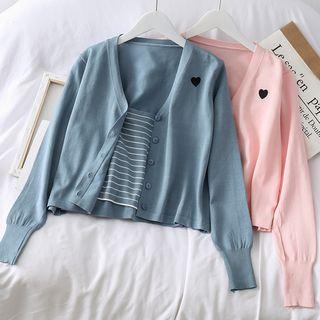Set: Heart-print Light Knit Cardigan + Striped Camisole
