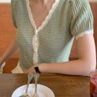 Short Sleeve V-neck Lace Trim Knit Cardigan