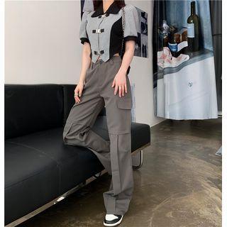 Short Sleeve Contrast Trim Buckled Crop Shirt / High Waist Pleated Cargo Straight Leg Pants