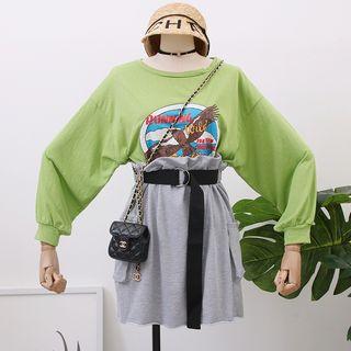 Set: Printed T-shirt + Paperbag-waist Mini Skirt Green - One Size