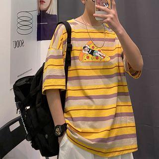 Couple Matching Short-sleeve Cartoon Printed Striped T-shirt
