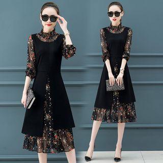 Mock Two-piece Long-sleeve Chiffon Midi A-line Dress