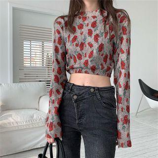 Long-sleeve Floral Print T-shirt Red Floral - Gray - One Size
