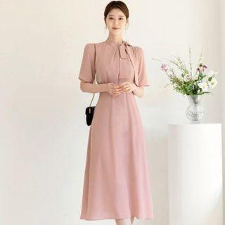 Tie-neck Draped Long Flare Dress