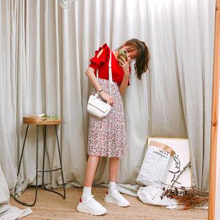 Set: Frilled Knit Top + Pleated Floral Skirt Red - One Size