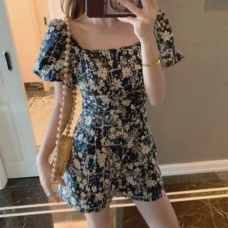 Puff-sleeve Floral Wide Leg Romper