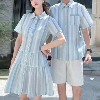 Couple Matching Short-sleeve Striped Shirt Dress / Shirt / Shorts