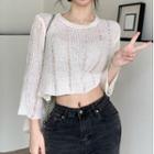Long-sleeve Cropped Knit Top Almond - One Size