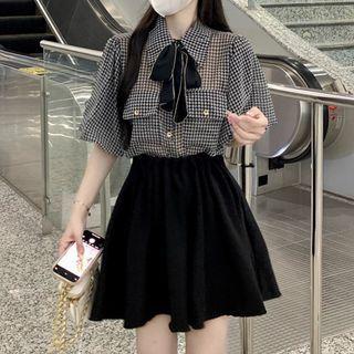 Set: Houndstooth Short Sleeve Button-up Polo Shirt+ Plain Skirt