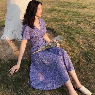 Flower Print Tie-waist Short-sleeve Midi A-line Dress