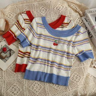 Cherry-embroidered Striped Crop T-shirt