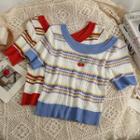 Cherry-embroidered Striped Crop T-shirt