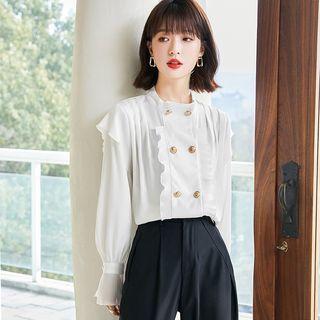 Long-sleeve Ruffle Trim Double Breasted Plain Blouse