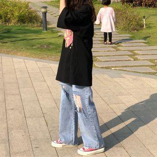 High-waist Ripped Split Straight-cut Jeans
