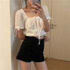 Short-sleeve Floral Embroidered Cropped Blouse White - One Size