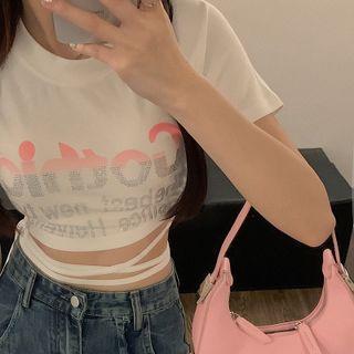 Short-sleeve Lace-up Printed Cropped Top White - One Size